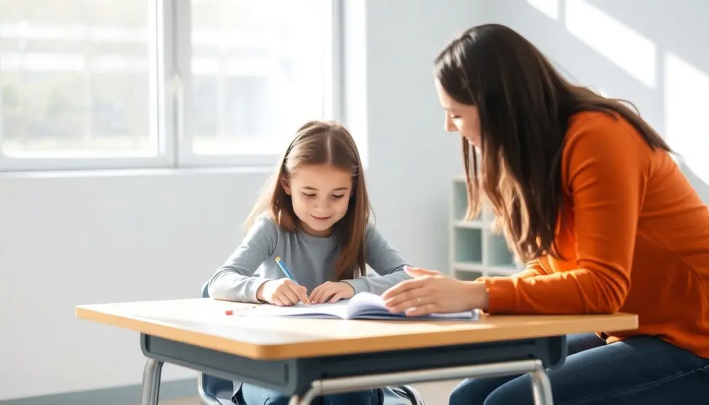 Teacher and student working together in a bright classroom.