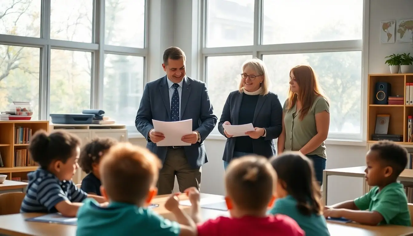 Principal, parents, and children in a bright, inclusive classroom.