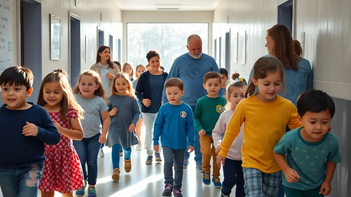 Schulkinder mit Begleitern im Schulflur