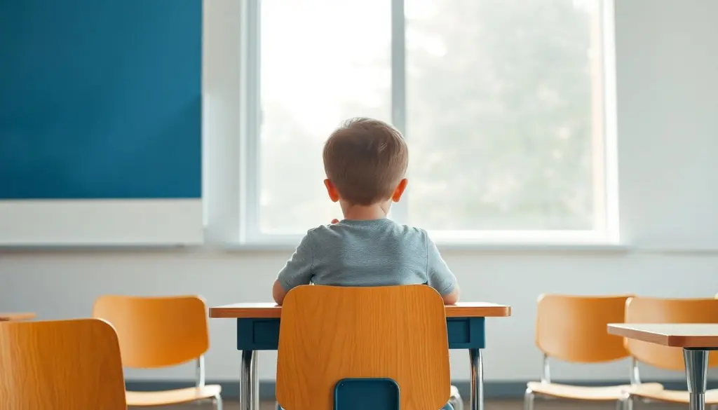 Sad child looks out classroom window, feeling left out.
