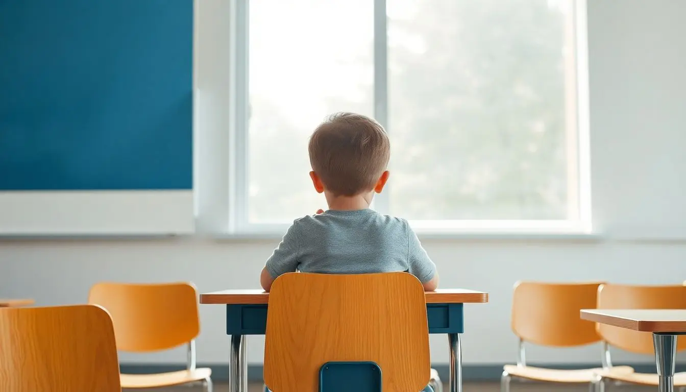 Sad child looks out classroom window, feeling left out.