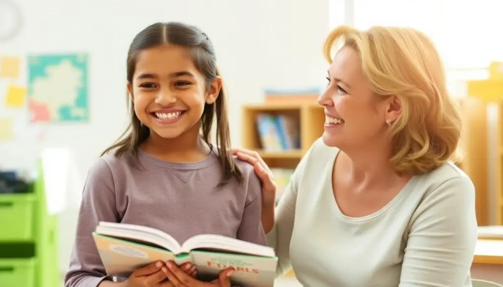 Child and teacher smiling in a bright classroom.