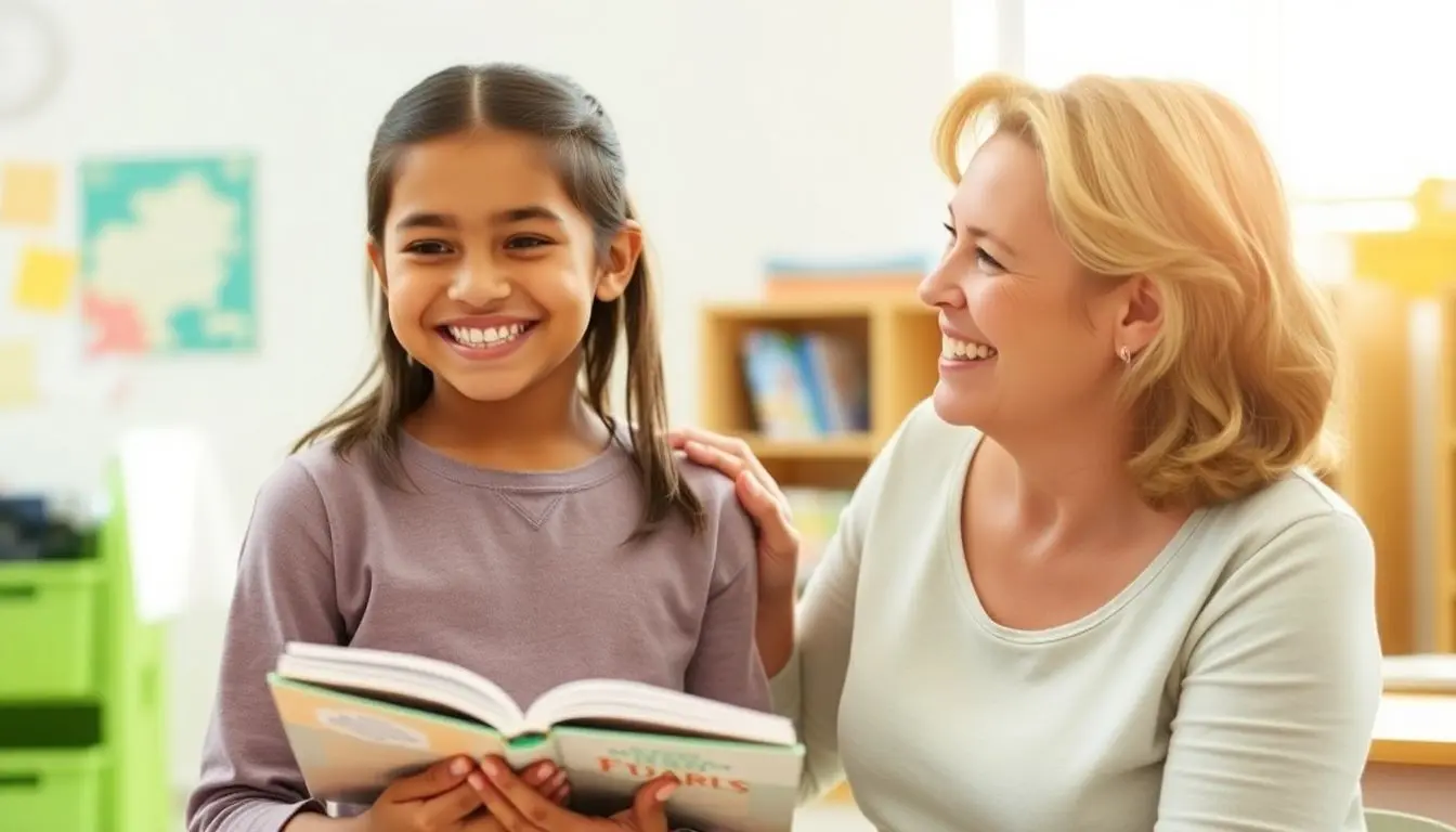 Child and teacher smiling in a bright classroom.
